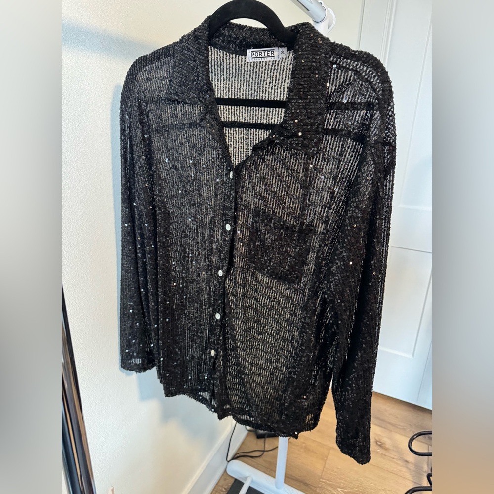 THE PORTER COLLECTIVE BLACK SEQUIN BUTTON FRONT SHIRT SMALL